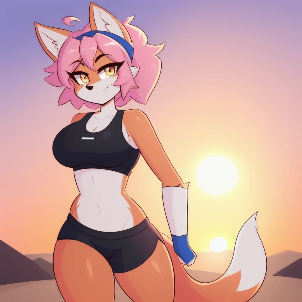 uploaded on e621, beautiful and detailed portrait of a (((feminine))) female anthro fox, uploaded to e621, kilinah, by kilinah, cenematic lighting, (((confident, seductive))), bl, fox, thighighs, thick thighs, large breast, full body, sunset, beautiful, messy hair, short hair, suggestive posing, standing, pink hair, 1girl, solo, red sportwear, wearing black shorts, blue headband, yellow eyes, lustful face, solo, 1girl
