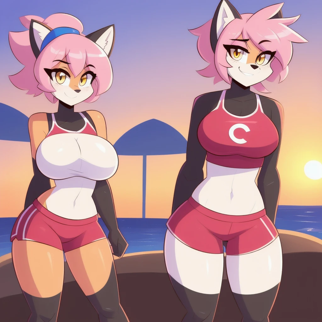 uploaded on e621, beautiful and detailed portrait of a (((feminine))) female anthro fox, uploaded to e621, kilinah, by kilinah, cenematic lighting, (((confident, seductive))), bl, fox, thighighs, thick thighs, large breast, full body, sunset, beautiful, messy hair, short hair, suggestive posing, standing, pink hair, 1girl, solo, red sportwear, wearing black shorts, blue headband, yellow eyes, lustful face, solo, 1girl