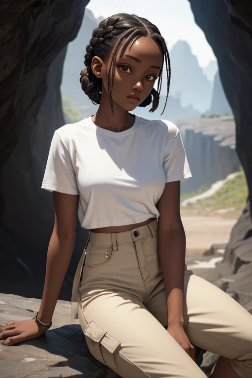 (masterpiece, best quality), deep ebony 1girl, beautiful face, short braids , cute, street clothing, beautify, Lofi vibe,, cute night vibe, concentrated, sitting, hands outside of the picture, exploring a cave, Lara Croft cosplay, white shirt, brown trousers, looking confident not sexy, cute look, clothing is dry and baggy, 