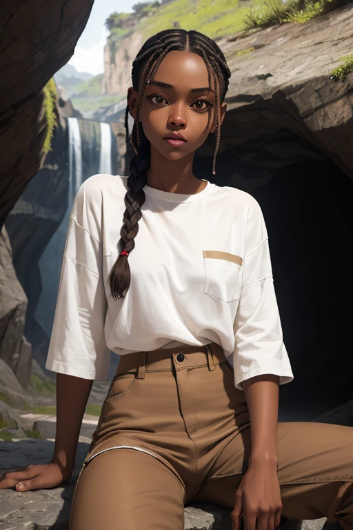 (masterpiece, best quality), deep ebony 1girl, beautiful face, short braids , cute, street clothing, beautify, Lofi vibe,, cute night vibe, concentrated, sitting, hands outside of the picture, exploring a cave, Lara Croft cosplay, white shirt, brown trousers, looking confident not sexy, cute look, clothing is dry and baggy,