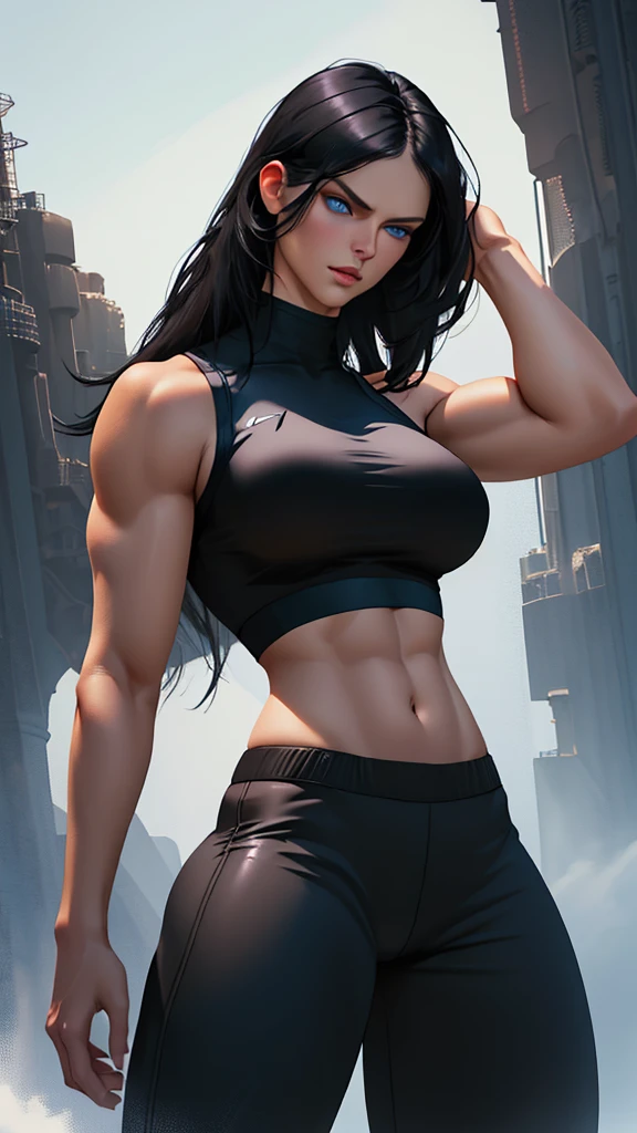 1 muscular well-built tall woman, long black hair, blue eyes, seductive look, wearing black sports pants, blue Nike cropped top, large breasts, wide hips and large buttocks, photorealistic, highly detailed, 8k, masterpiece, cinematic lighting, dramatic atmosphere, realistic skin texture, intricate details