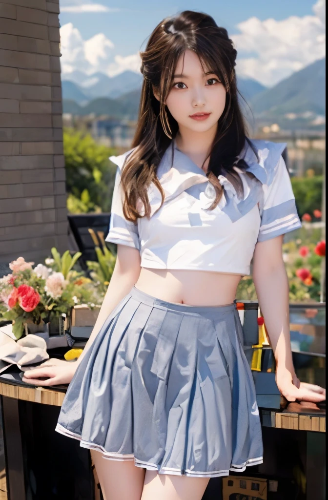 KAJK，1girl,(background: Garden),looking at viewer,photorealistic,realistic,solo,Outdoor:2,Flowers,Blue sky and white clouds,Mountains,Audience,see-through,navel,school uniform,