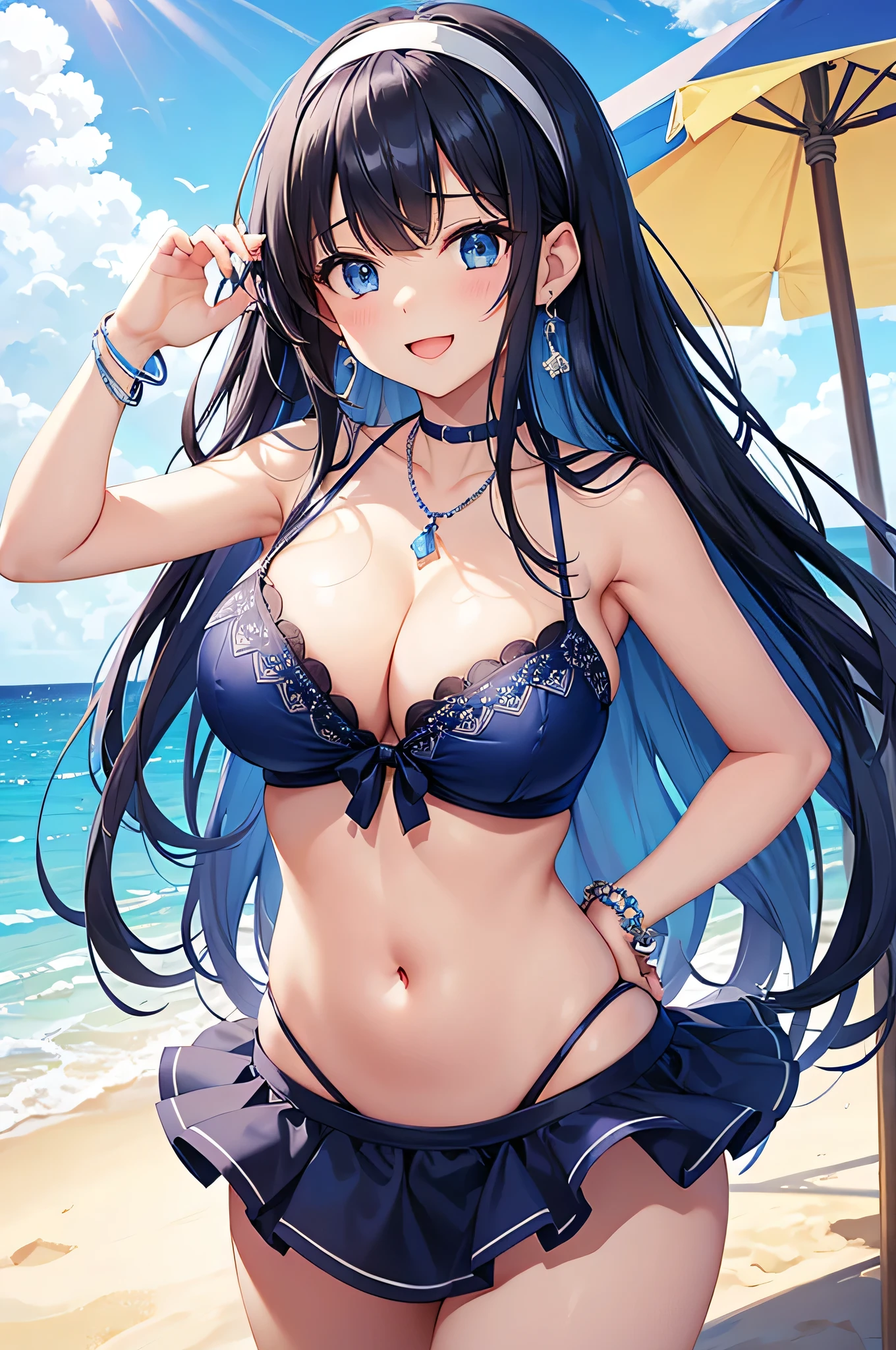 highest quality、Best image quality、masterpiece、beautiful girl、Navy blue long hair、blue eyes、White Bikini、Black lace、Big cleavage、(Big Breasts)、smile、blue necklace、Blue Earrings、background(Beach)、Sexy pose、Please open your mouth wide、White headband、Lying on the Beach、bracelet