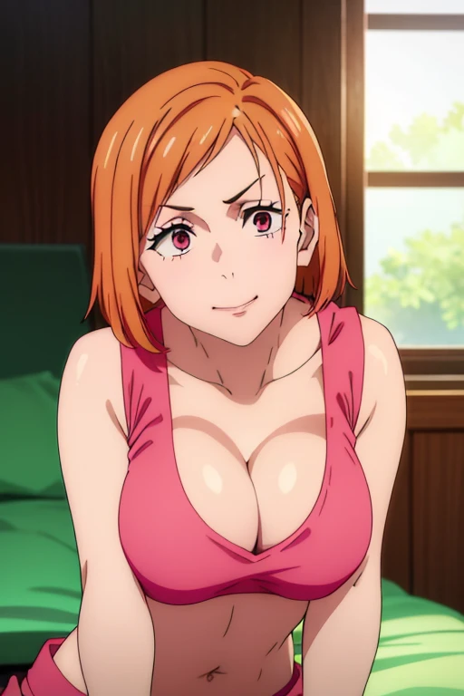 (Best Quality, masterpiece, High resolution, anime screen cap, anime colours), Orange hair, Nobara Kugisaki, Seductive smile:1.3, (large full breasts:1.5), cleavage, (Thin fabric, Pink tank top:1.8, no-bra:1.5), Slimed, Lower your arms, squeezing breasts:1.5, Leaning forward, Upper body, Bedrooms, (Perfect Anatomy, perfect detailed body, Eyes and hair in beautiful detail, Beautiful breasts and skin),