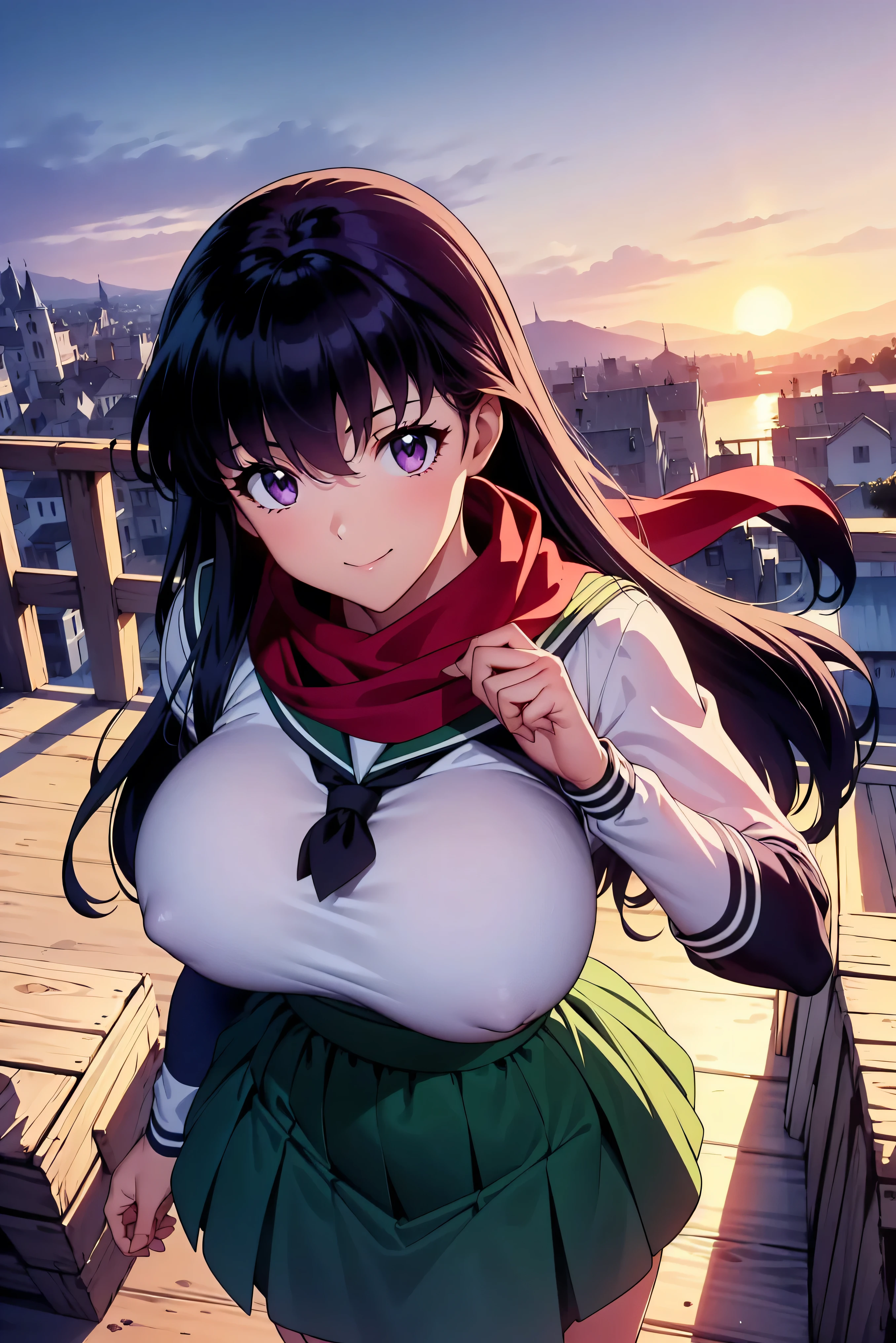 (masterpiece, best quality, highly detailed, 16K anime high resolution, anime style, clean brush strokes, highly detailed, anatomically perfect body), 1 girl, ((Luna)), (perfect face, highly detailed), smiling face, beautifully detailed eyes , purple eyes, (purple hair, long hair, black hair between eyes, bangs), tabletop, (big breasts: 1.3), (sailor suit, green, long sleeves), (red scarf), high body, smooth bodyline, wide waist: 1.0, big butt: 1.0, (skirt, green), soft thighs, (sexy pose), looking at viewer, (medieval city background), (frontal photo, shot from above),
