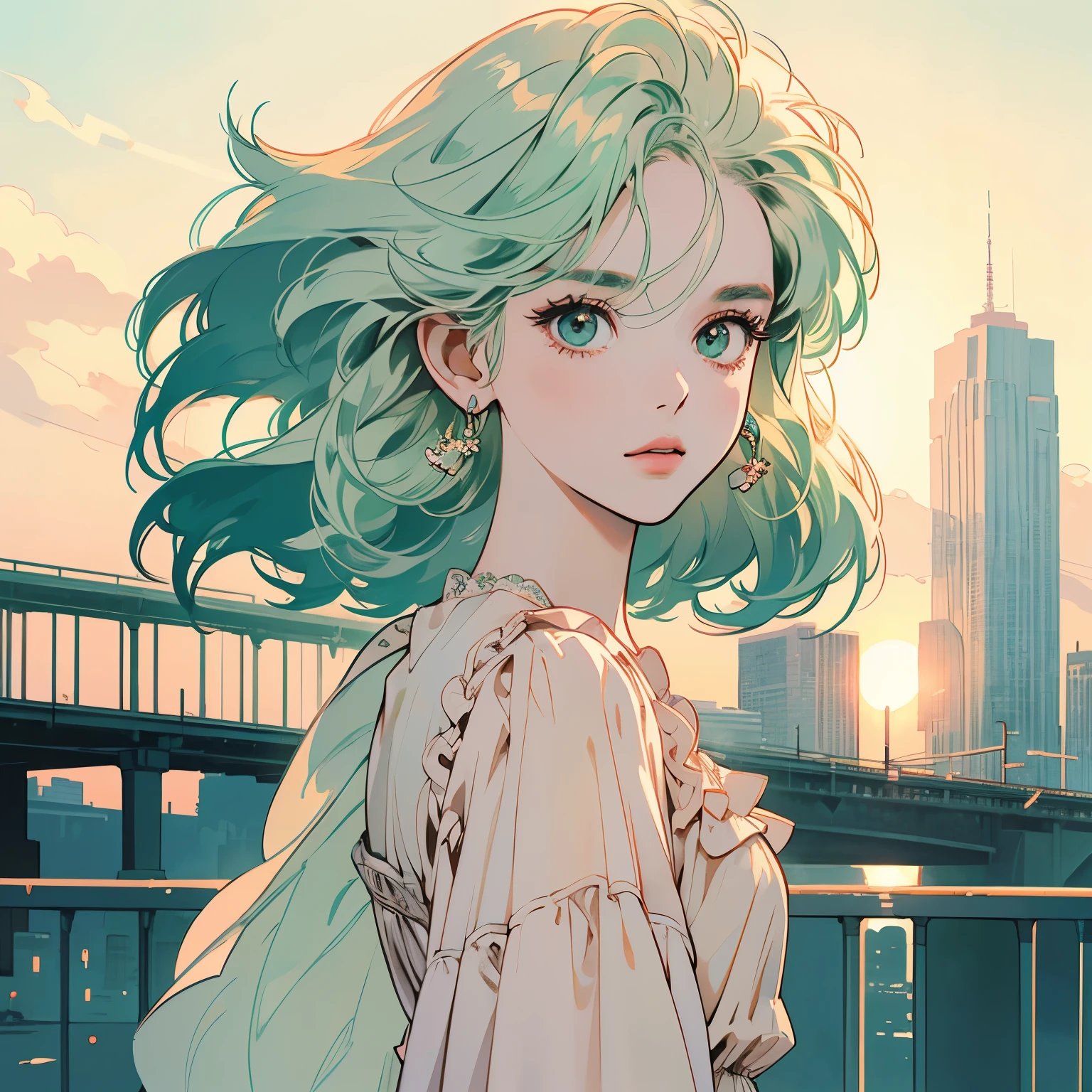 whole body、Kind Face、1 pretty woman、White blouse、Pedestrian bridge、skyscraper、Sunset、Complex background、Detailed Hair、Pale green hair、Faint lighting、The wind is blowing、(Mr.々Angle)、(An honest and strong gaze)、Short hair length