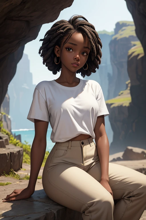 (masterpiece, best quality), deep ebony 1girl, beautiful face, short Afro braids , cute, street clothing, beautify, Lofi vibe,, cute night vibe, concentrated, sitting, hands outside of the picture, exploring a cave, Lara Croft cosplay, white shirt, brown trousers, looking confident not sexy, cute look, clothing is dry and baggy, 