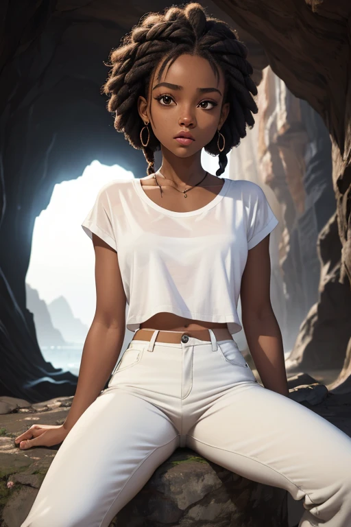 (masterpiece, best quality), deep ebony 1girl, beautiful face, short Afro braids , cute, street clothing, beautify, Lofi vibe,, cute night vibe, concentrated, sitting, hands outside of the picture, exploring a cave, Lara Croft cosplay, white shirt, brown trousers, looking confident not sexy, cute look, clothing is dry and baggy, 
