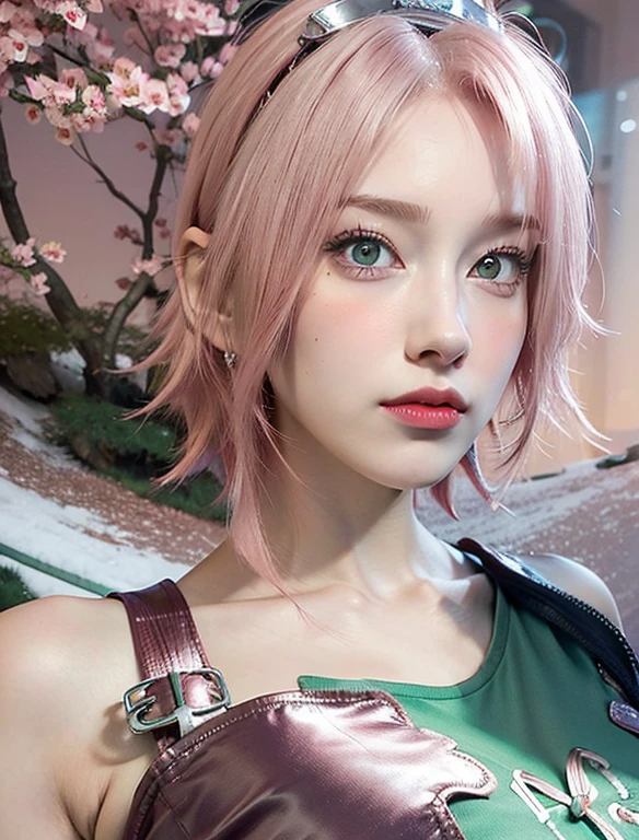 young woman, short shoulder-length pink hair, wide forehead, porcelain skin, pink eyebrows, big emerald green eyes, buttoned nose, full lips, heart-shaped face, slender body, small breasts, red tank top, Sakura Haruno , realistic, realism, details, 3d, well detailed