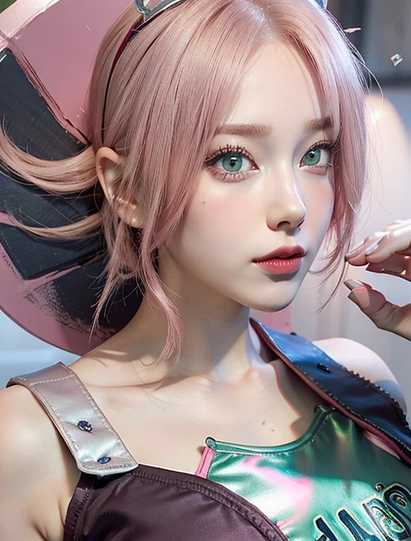 young woman, short shoulder-length pink hair, wide forehead, porcelain skin, pink eyebrows, big emerald green eyes, buttoned nose, full lips, heart-shaped face, slender body, small breasts, red tank top, Sakura Haruno , realistic, realism, details, 3d, well detailed
