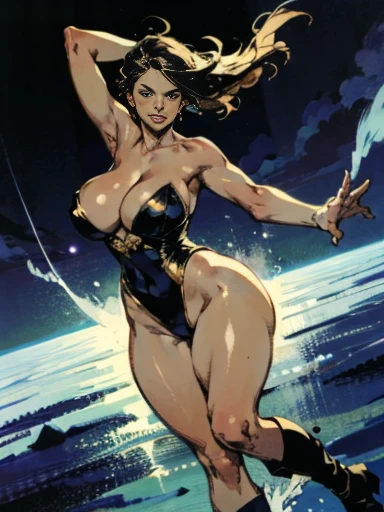 1 girl, Focus only, Superhero, leotard, highleg leotard, gold details on leotard, bare legs, boots, mature lady, giant cleavage, big breasts, hard nipples, slim waist, thick thighs, long legs, big hips, gyrating your body at high speed like a tornado, whirlwinds of wind, fast rotation, girl spinning tornado, spin tornado, turning into a whirlpool, ultra high resolution, absurdities, pretty face, detailed eyes, symmetrical eyes
