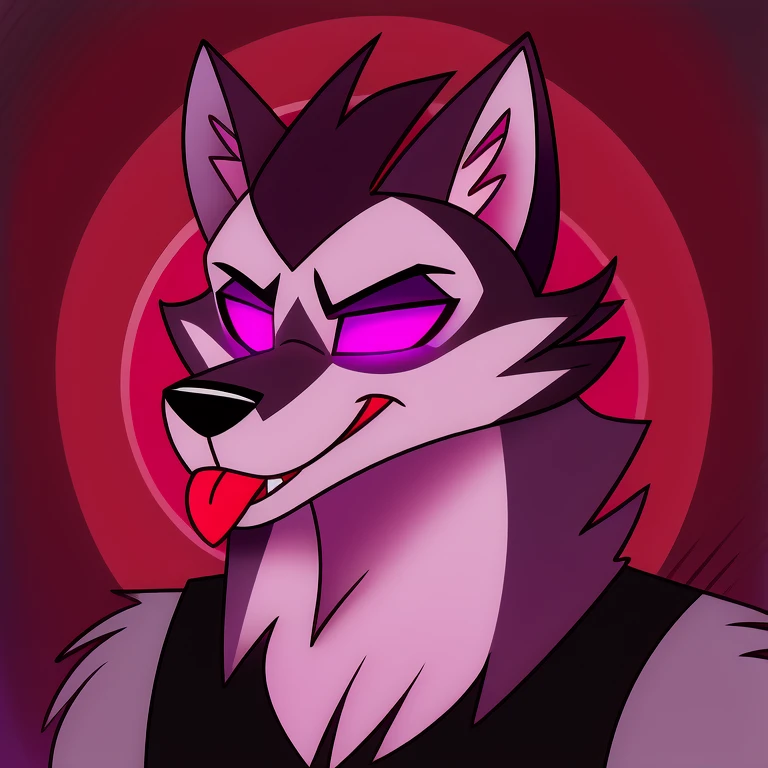 (masterpiece, best quality:1.2), Vortex hellhound, wolf, furry, helluva boss, he wears a black t-shirt with a gray vest with red spikes on the shoulders and black pants, tongue out, hypnotized with completely spyral glowing purple eyes with no irises or pupils,