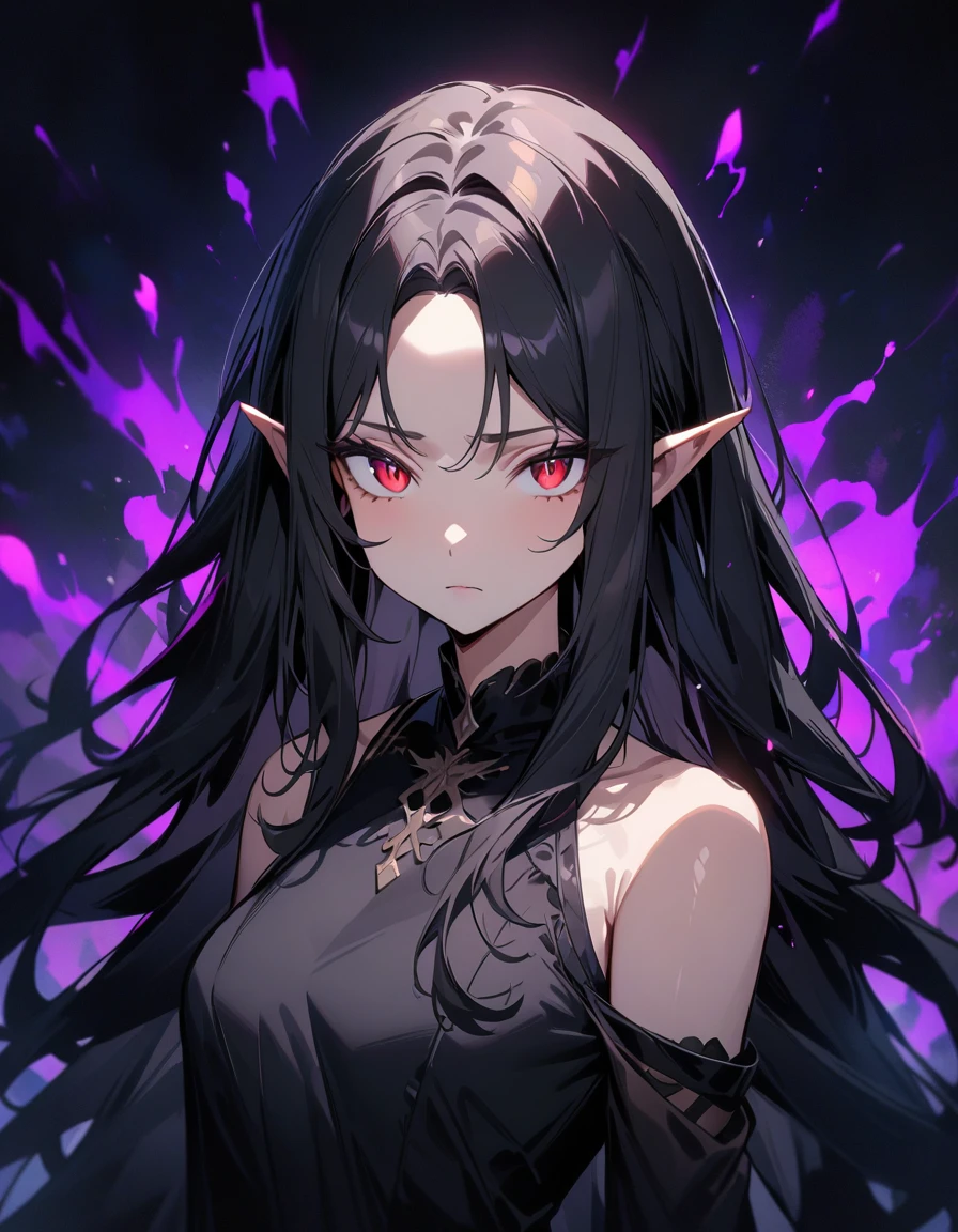 ((Highest Quality, Masterpiece, Ultra High Definition, High Resolution)), ((Ultra-detailed Illustrations:1.2)), 1 Girl, Solo, Elf, Anime Style, Upper Body, Beautiful Hair, Parted Bangs, Long Hair, Black Hair, Beautiful Detailed Eyes, Detailed Pupils, Red Eyes, Slit Eyes, Looking at Viewer, Pointed Ears, Closed Mouth, Medium Chest, Black Clothes, Bare Shoulders, Shiny Skin, Night Light, Dark Aura
