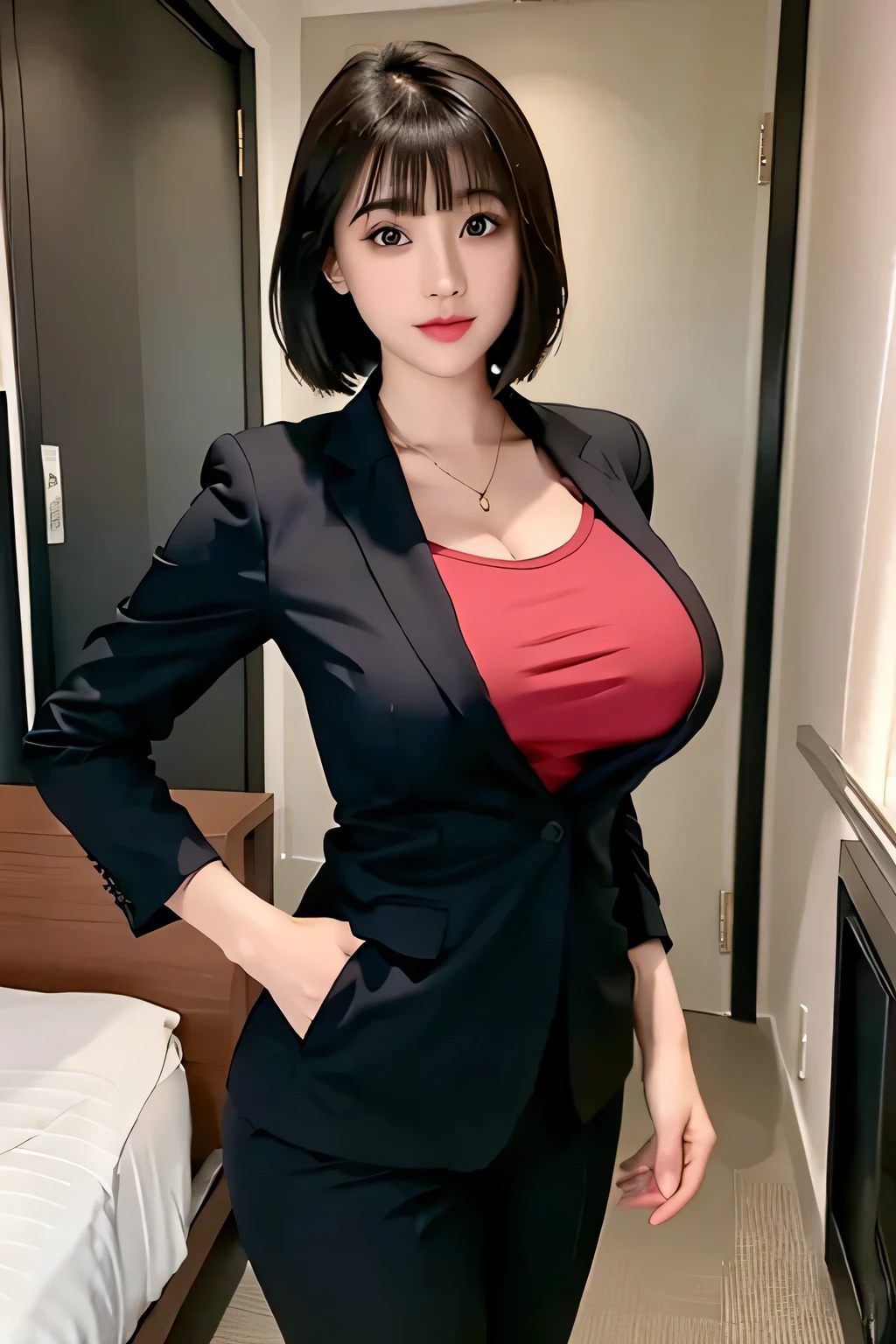there is a busty woman in an unbuttoned black business suit jacket, (one girl), huge fake , sexy body, front bangs short hair, (((wearing inside clothes))), (((inner shirt))), wearing business suit, girl in suit, office clothes, wearing a black noble suit, girl in an office suit, open suit jacket, woman in business suit, ji-min, with black business suit, business attire, (private hotel room), (unbuttoned jacket), (wide cleavage), (wearing pendant), 8K resolution, 8K detailed photo, thin brows, head to thighs, standing, pose