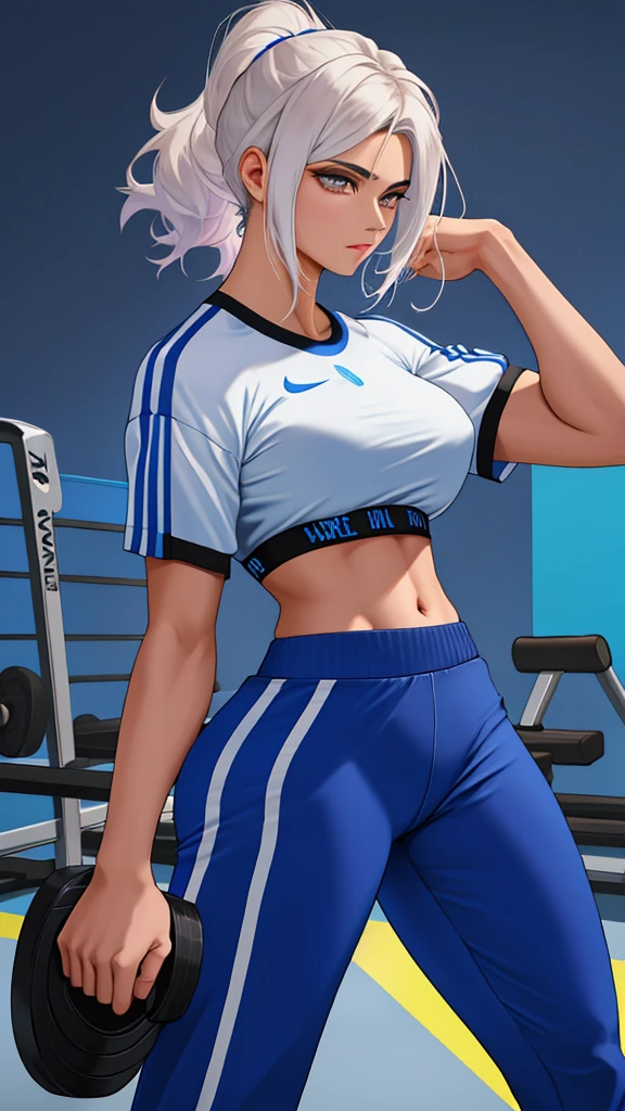 1  solo bem linda totalmente musculosa bem Alta, cabelos pretos grandes, olhos azuis, olhar sedutor, wearing black separated gym pants, usando um croped azul da Nike, seios grandes, Quadri largo e bunda larga 