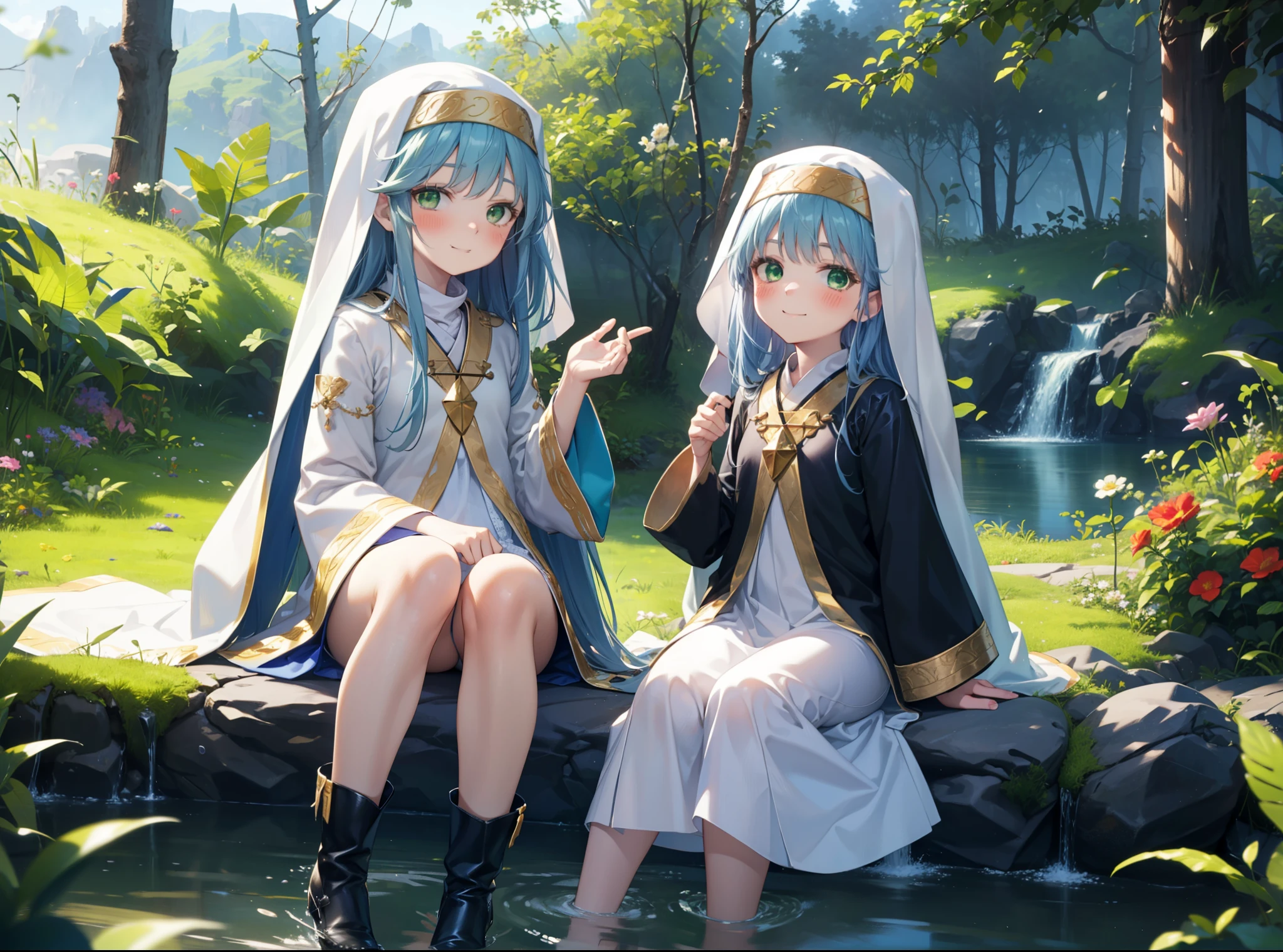 index, index, (Green Eyes:1.5), Blue Hair, Long Hair, (Flat Chest:1.2),
break habit, Long sleeve, Robe,白色Robe,Nuns,Wide sleeves,short boots,blush,happy smile, smile,corolla,whole bodyがイラストに入るように,Sitting,Looking up from below,
break looking at viewer, whole body,
break outdoors, nature,Flower Field,Large Lake,
break (masterpiece:1.2), highest quality, High resolution, unity 8k wallpaper, (shape:0.8), (Beautiful details:1.6), Highly detailed face, Perfect lighting, Highly detailed CG, (Perfect hands, Perfect Anatomy),