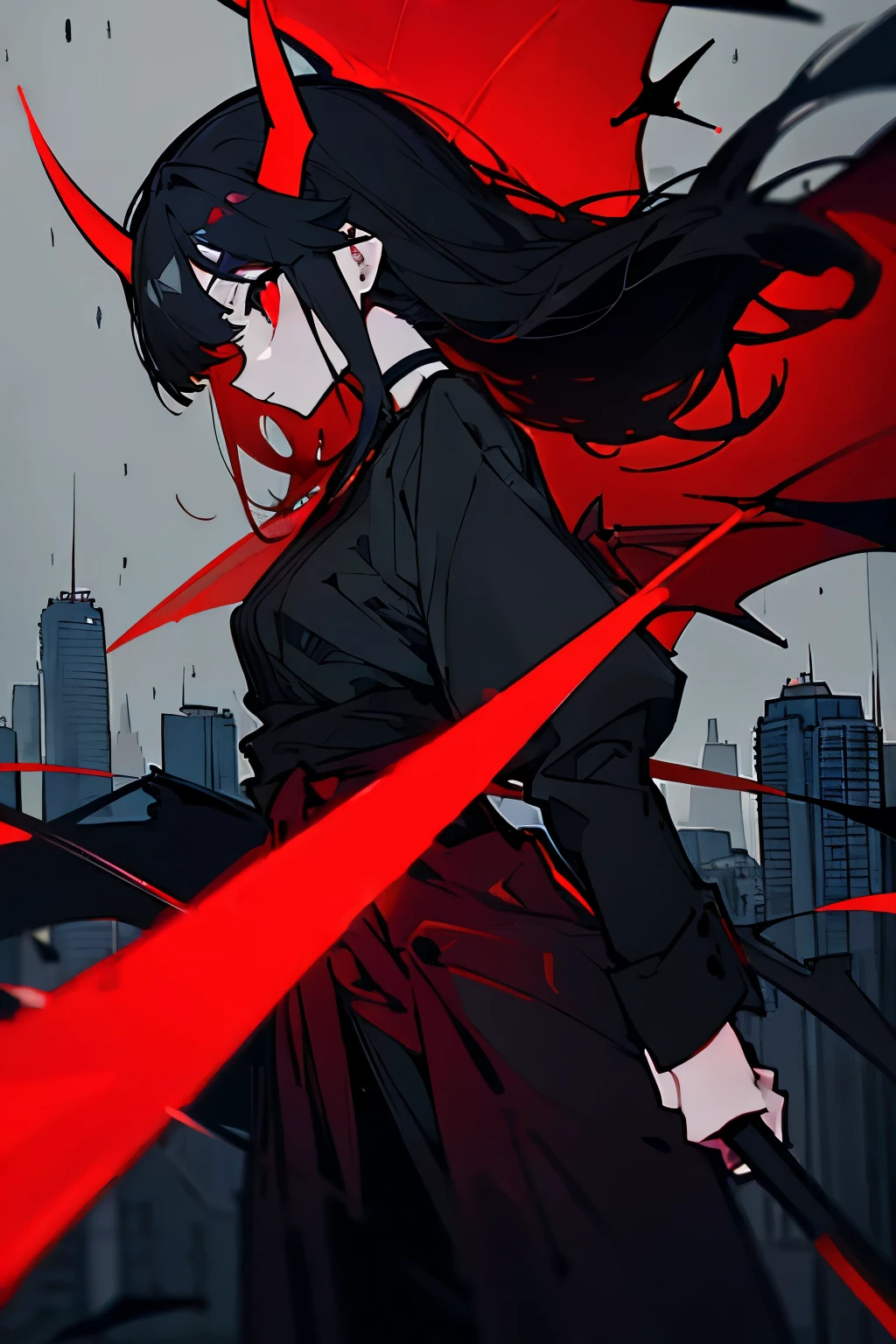 Girl, long curly black hair, red eyes, horns growing from the side of her head, black choker around her neck, slightly small in stature, bat-like wings growing from her waist, carrying a sword, city, raining, controlling dark red lightning, fighting a dragon