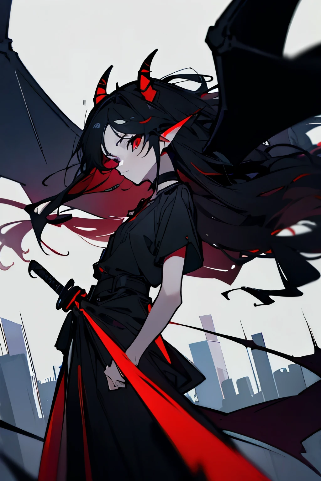 Girl, long curly black hair, red eyes, horns growing from the side of her head, black choker around her neck, slightly small in stature, bat-like wings growing from her waist, carrying a sword, city, raining, controlling dark red lightning, fighting a dragon