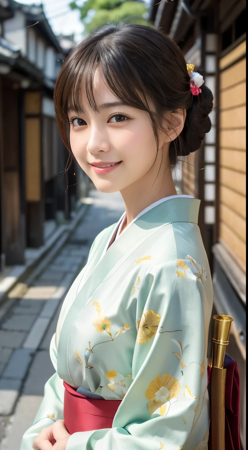 Professional Lighting,(Photorealistic:1.4), (Top image quality:1.0), (超A high resolution:1.0), 8k, Raw photography, (masterpiece:0.2), (Facing the children_v1:0.5)、(最高quality Detail:1.2)、Realistic、8K Ultra HD、High resolution、(1 girl:1.2)、超detailedな、High quality textures、複雑なdetailed、detailed、Very detailed CG、High quality shadows、detailed 美しく繊細な顔、Beautiful details and a delicate eye、(Symmetrical eyes:1.2),Written boundary depth、Ray Tracing,1 girl, Japanese Girls, (Natural smile:1.4),cute, thin, Portrait of a beautiful Japanese woman in a kimono, Standing elegantly on a street corner in Kyoto. Kimono with vibrant traditional patterns, Hair decorated with elegant and delicate hairpins, Gentle expression. (With the old streets of Kyoto in the background:1.4)、The soft light of a spring afternoon、Adding tranquility to the scene. Rendered in a Realistic style with great attention to detail, High resolutionの画像.Sky Porn, Magic Hour, (Realistic:1.3), finely, quality, (Tabletop:1.2), (Realistic:1.2), (最高quality), (複雑なdetailed), dramatic, Ray Tracing, photograph, +roller