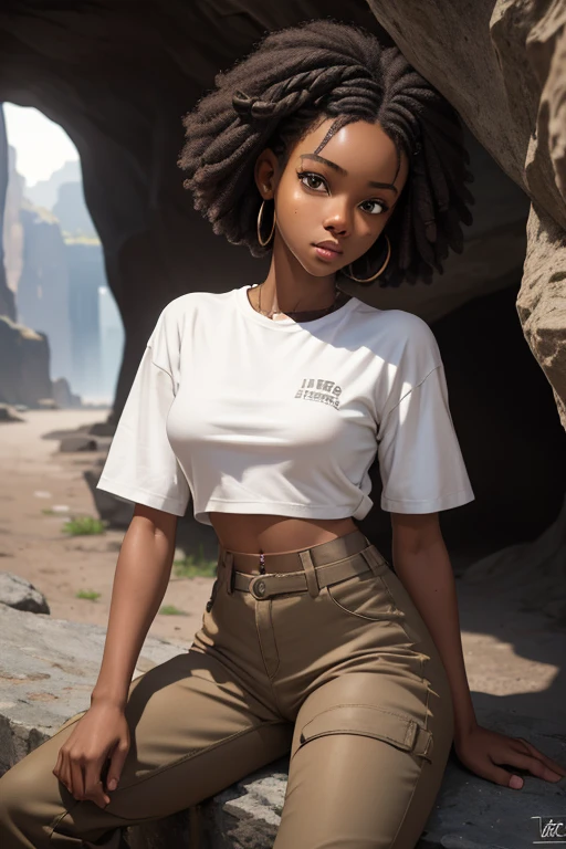 (masterpiece, best quality), deep ebony 1girl, beautiful face, short Afro braids , cute, street clothing, beautify, Lofi vibe,, cute night vibe, concentrated, sitting, hands outside of the picture, exploring a cave, Lara Croft cosplay, white shirt, brown trousers, looking confident not sexy, cute look, clothing is dry and baggy, small breasts