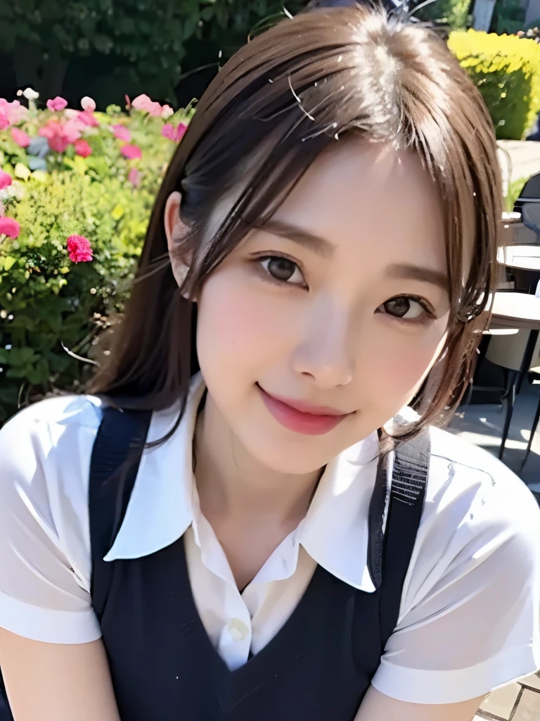 Realistic, High resolution, 1 female, Glowing Skin, alone, Wide lips,round face,Realistic skin texture,Genuine,Detailed face,high school girl,White skin,whole bodyショット,,smile,Model-like style,whole body,garden,schooluniform,Captivating look,Thin legs,Grown-up face