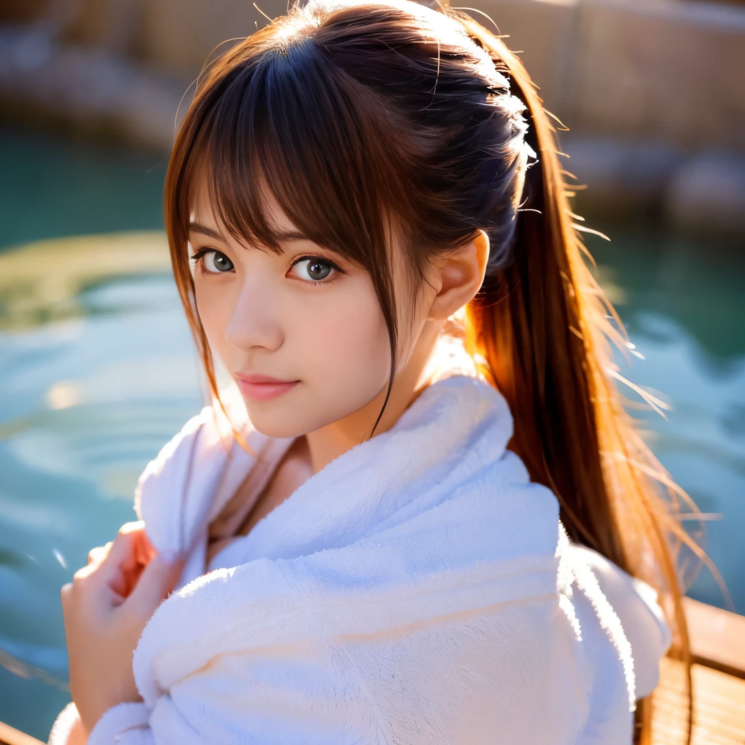 1girl in, Anime Girl with Long Hair, anime moe art style, Anime visuals of cute girls, Anime Best Girl, Itsuki Nakano Fan Art, pretty anime girl, Smooth Anime CG Art, Seductive Anime Girl, charming anime girls, Cute anime girl, Shining eyes, huge tit, close up, Red hair, Blue eyes, (Portrait), Onsen, hot onsen, Water, steam, covered with a towel, Ponytail
