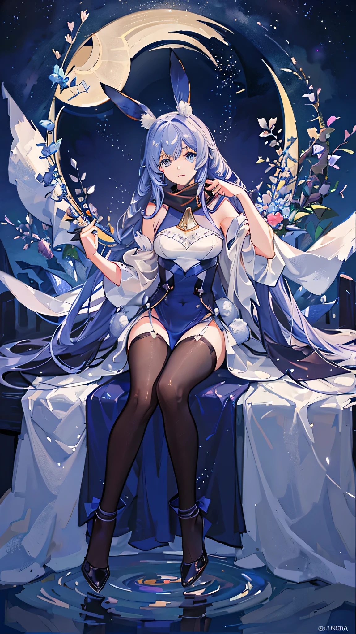A cute rabbit, white fur, blue eyes, wearing a see-through scarf, starry background, night, crescent moon, rabbit sitting on the crescent moon, crystal clear lake below, two thirds of the screen is starry sky, moonlight reflecting off the lake, fantastical atmosphere, high quality, I want the whole screen to shine, like an anime character