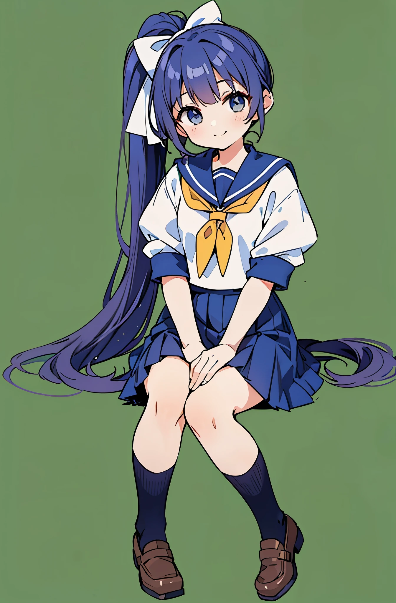 full body, sitting, Cross legs, sailor suit, mini skirt, Girl, very long side ponytail, looking down, smile, blue hair,