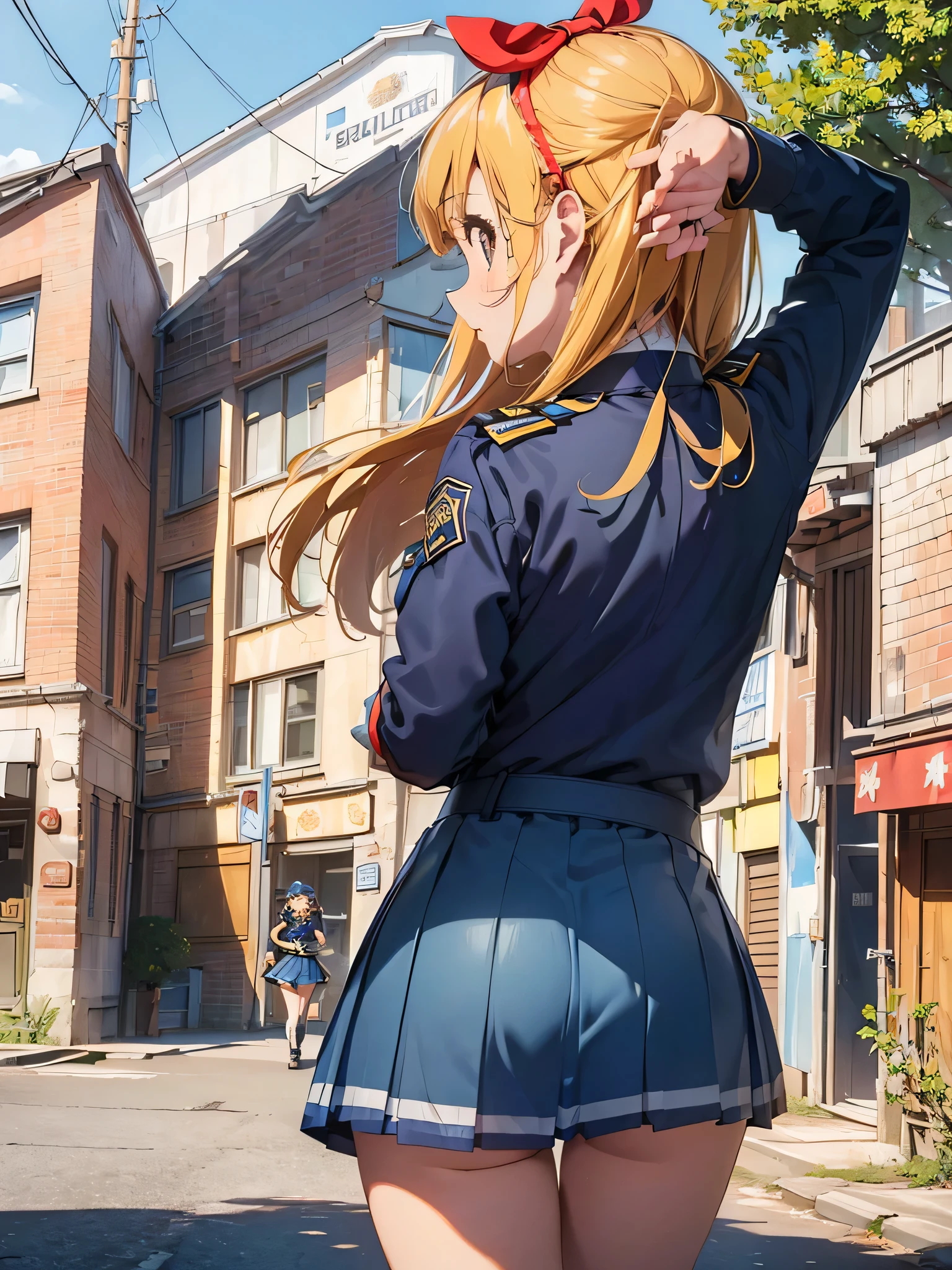 (masterpiece, best quality, ultra detailed), (detailed face, detailed eyes), (((police girl)), naughty face), ((cowboy shot, looking away, backshot, from behind, looking ahead)), (walking), ((police uniform, tight mini skirt)), BRAKEstreet, daytime, outdoors, RED_Ribbon_on_HAIR_band