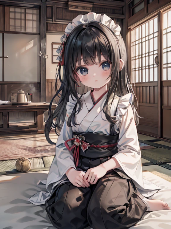 masterpiece, highest quality, Very detailed, 16k, Ultra-high resolution, Cowboy Shot, Detailed face, Perfect Fingers, -yeld gi black eye, Black Hair, Wavy Hair, Black maid outfit, Japanese house, Tatami room, Japanese cushion, Sit upright