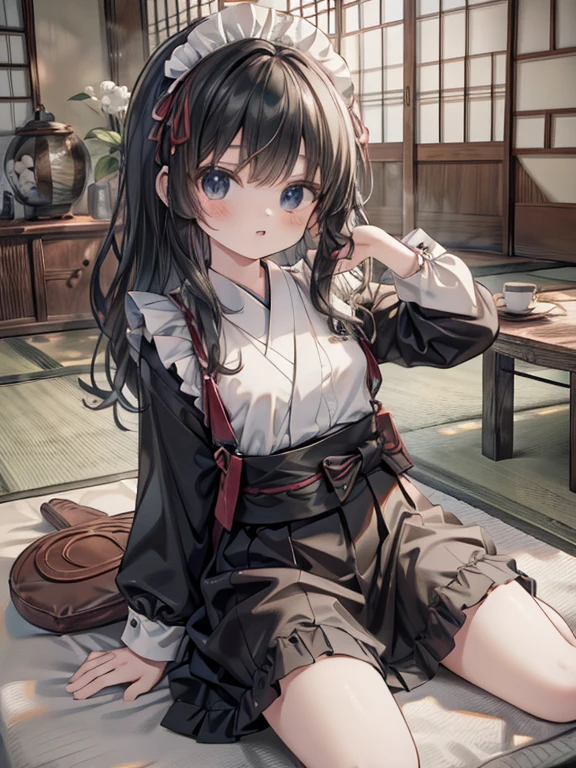 masterpiece, highest quality, Very detailed, 16k, Ultra-high resolution, Cowboy Shot, Detailed face, Perfect Fingers, -yeld gi black eye, Black Hair, Wavy Hair, Black maid outfit, Japanese house, Tatami room, Japanese cushion, Sit upright