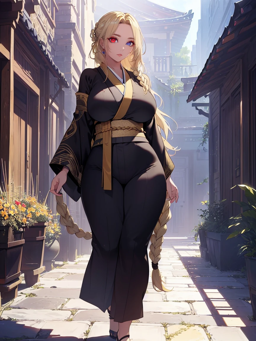 (Uhd, Masterpiece, Textured Skin, Super Detail, High Details, High Quality, Best Quality), Detailed Face, 1woman, mature pretty woman, ((wide hips, thick thighs, huge breasts)), ((Long blonde hair tied:1.5)), ((Black kimono), (Pants), (Huge body), (Cultivator), Courtyard with a stone floor