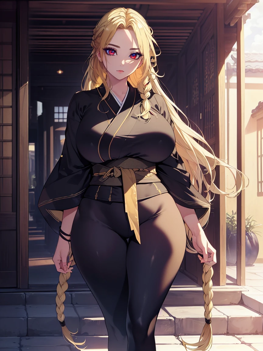 (Uhd, Masterpiece, Textured Skin, Super Detail, High Details, High Quality, Best Quality), Detailed Face, 1woman, mature pretty woman, ((wide hips, thick thighs, huge breasts)), ((Long blonde hair tied:1.5)), ((Black kimono), (Pants), (Huge body), (Cultivator), Courtyard with a stone floor