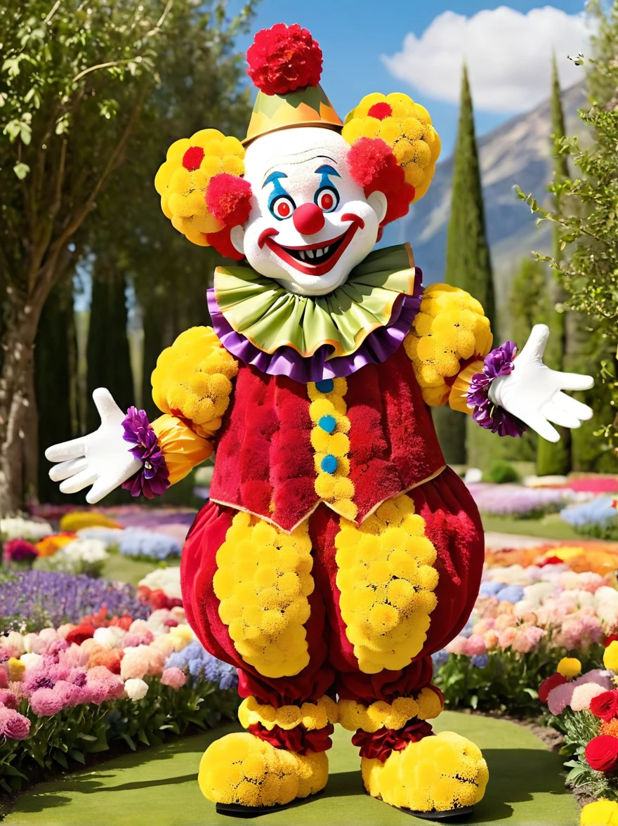 pam-flwr Cute clown made of flowers, A clown-like character with a mischievous grin and wide, shining eyes. His body structure is slender, and he sports a chaotic, vibrant outfit that includes a flamboyant hat with a heart symbol, baggy pants, and oversize shoes. The character is expressing vivid excitement and has his arms spread wide as though ready to perform a magic trick, circling in an otherworldly landscape.