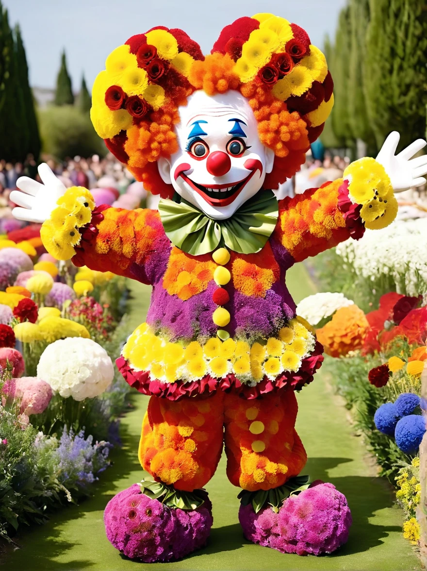 pam-flwr Cute clown made of flowers, A clown-like character with a mischievous grin and wide, shining eyes. His body structure is slender, and he sports a chaotic, vibrant outfit that includes a flamboyant hat with a heart symbol, baggy pants, and oversize shoes. The character is expressing vivid excitement and has his arms spread wide as though ready to perform a magic trick, circling in an otherworldly landscape.