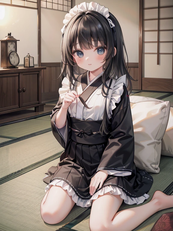 masterpiece, highest quality, Very detailed, 16k, Ultra-high resolution, Cowboy Shot, Detailed face, Perfect Fingers, ****************, black eye, Black Hair, Wavy Hair, Black maid outfit, Japanese house, Tatami room, Japanese cushion, Sit upright