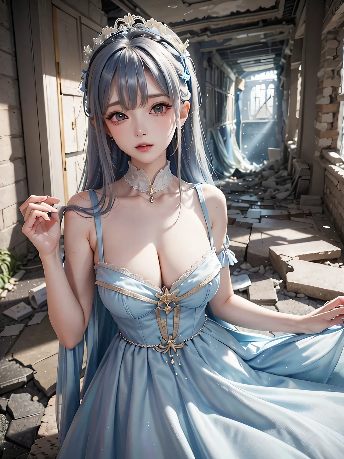 (masterpiece、highest quality、Every detail,Great lighting,Shallow depth of field)(One girl,alone)(pretty girl,Blue long dress,The dress has a loose fit,Expose your shoulders,Sleeveless,Grey Bob、Beautiful medium sized breasts,Beautiful cleavage,thin and white legs、White skin)(Remains、Dilapidated building、Collapsed wall)(close)(Picture from the waist up、Sexy model posing)