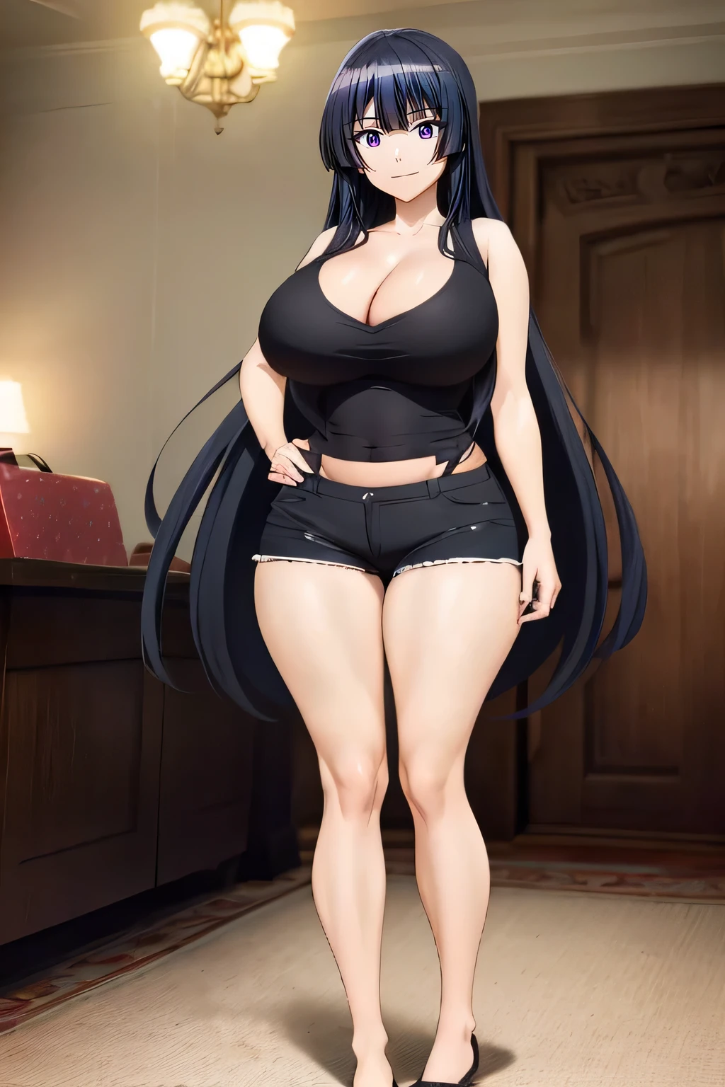 (masterpiece), expressive eyes, best quality,perfect face
8k, best quality, real picture, intricate details, ultra-detailed, ultra highres, depth field,fully body,sexy,(photorealistic,realistic:1.2),masterpiece, straight-on shot, dutch angle, 1girl, an extremely beautiful , innocent big eyes, (Black _LONG_hair), (Brown_eyes:1.0),(wavy hair,(Bangs),long hair, perfect shiny skin, flawless skin, fair skin, huge breasts, cleavage, narrow waist, light blush, solo, looking at viewer, evil smile, chubby under clothes, sweat, wearing ((Black Tank Top)), Sleeveless,Black_Vest_top,((Black Shorts)), (gravure pose :1.1), sunset, classroom ,(seductive smile, jagged expression, evil expression)),(Beautiful,huge_Breasts:1.4), (beautiful face:1.5),(narrow waist),(huge ass :1.4),(slender body:1.2),cleavage, midriff,navel,Large Aerolae,perky breasts,(detailed black tank top),expressive eyes,perfect eyes, (beautiful eyes), (dazzling pupils), (amazing irises), (perfect eyes), perfect anatomy ,no mistakes,1girl, covered nipples, plump,standing, slim legs, unaligned breasts,slim legs,glossy hair, glossy skin, glossy eyes, detailed hair,photo of perfecteyes eyes,wearing tight black tanktop with black hotpants,tareme-eyes,very_long_hair,Detailedface,wearing tight black tanktop with black hotpants,
