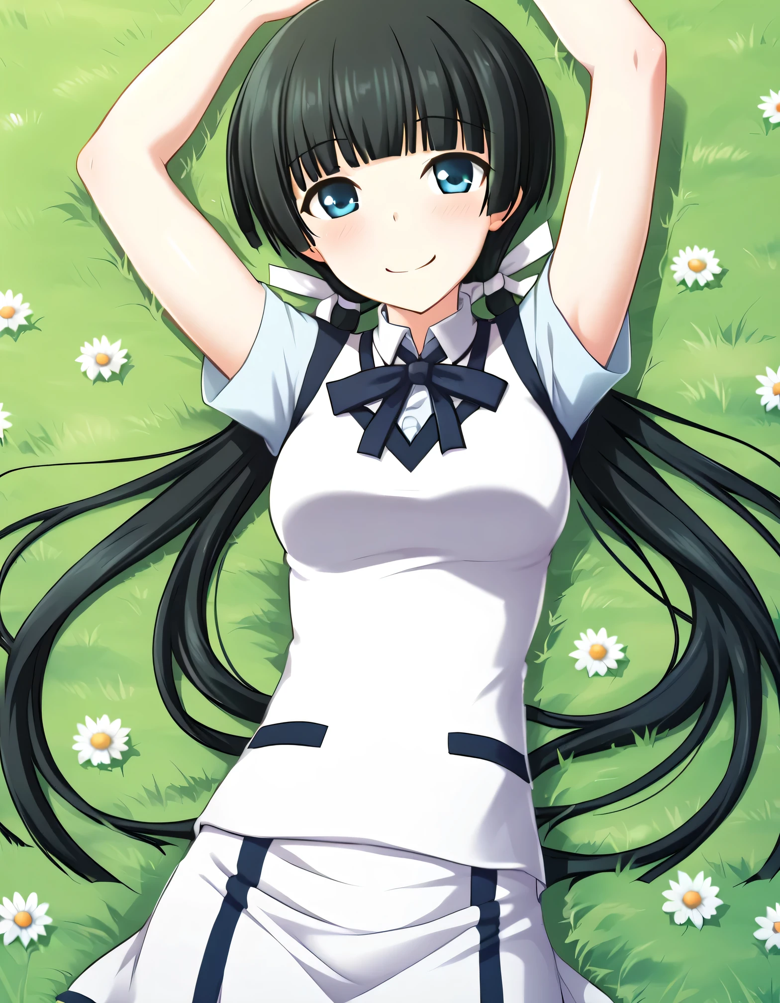 Mayuzumi Yukie, black hair, blunt bangs, long hair, low twintails, blue eyes , short sleeves, white sweater vest, white shirt, white skirt, neck ribbon, black ribbon, solo, high quality, looking at viewer, closed mouth, on back, on grass, arms up, (cowboy shot:1.5), lying, best quality, smile, blushing,