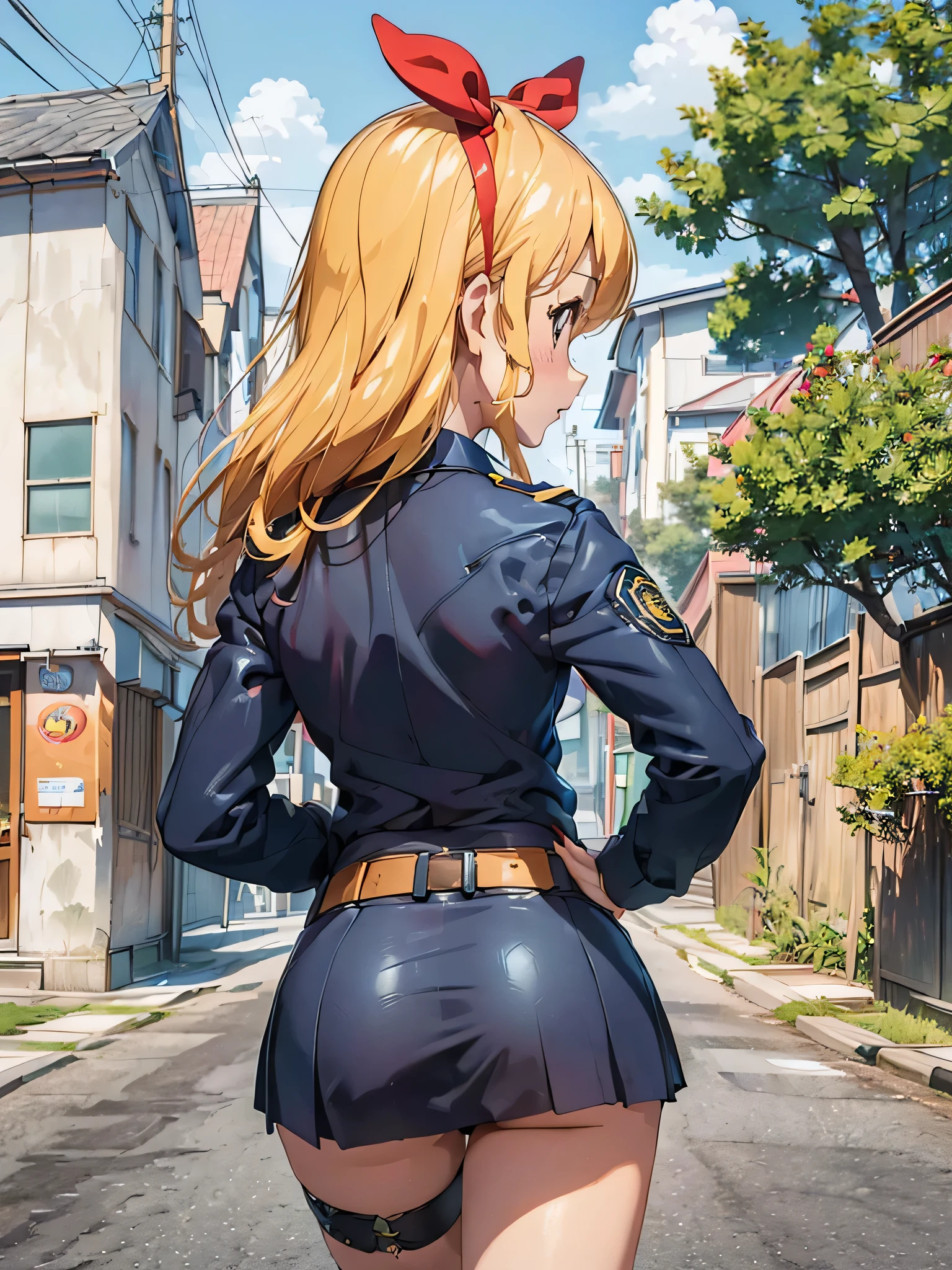 (masterpiece, best quality, ultra detailed), (detailed face, detailed eyes), (((police girl)), naughty face), ((cowboy shot, looking away, backshot, from behind, looking ahead)), (walking), ((police uniform, tight mini skirt)), BRAKEstreet, daytime, outdoors, RED_Ribbon_on_HAIR_band,Blonde HAIR,hosimiya ichigo