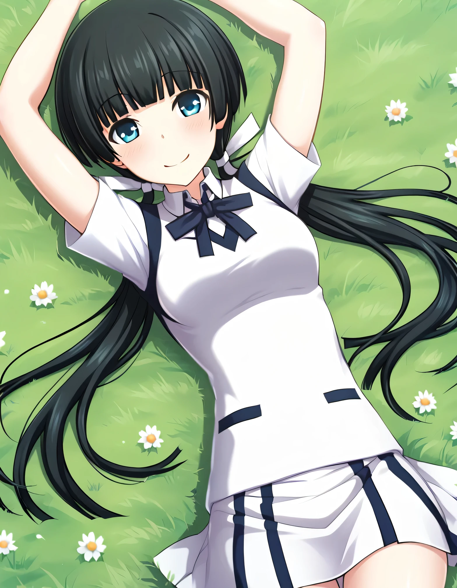 Mayuzumi Yukie, black hair, blunt bangs, long hair, low twintails, blue eyes , short sleeves, white sweater vest, white shirt, white skirt, neck ribbon, black ribbon, solo, high quality, looking at viewer, closed mouth, on back, on grass, arms up, (cowboy shot:1.5), lying, best quality, smile, blushing,