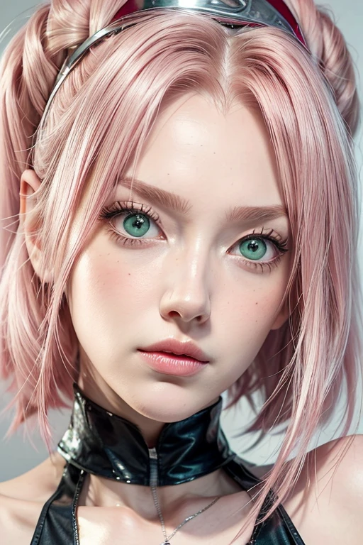 young woman, short shoulder-length pink hair, wide forehead, porcelain skin, pink eyebrows, big emerald green eyes, buttoned nose, full lips, heart-shaped face, slender body, small breasts, red tank top, Sakura Haruno , realistic, realism, details, 3d, well detailed