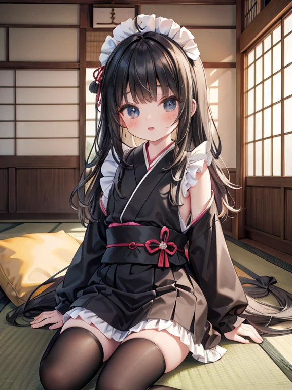 masterpiece, highest quality, Very detailed, 16k, Ultra-high resolution, Cowboy Shot, Detailed face, Perfect Fingers, ****************, black eye, Black Hair, Wavy Hair, Black maid outfit, Japanese house, Tatami room, Japanese cushion, Sit upright