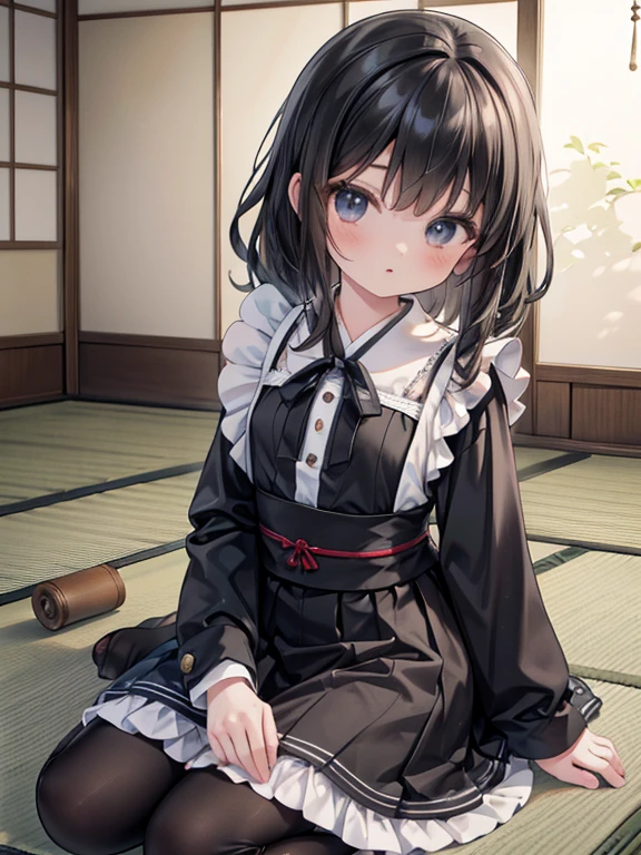 masterpiece, highest quality, Very detailed, 16k, Ultra-high resolution, Cowboy Shot, Detailed face, Perfect Fingers, ****************, black eye, Black Hair, Wavy Hair, Black maid outfit, Japanese house, Tatami room, Japanese cushion, Sit upright