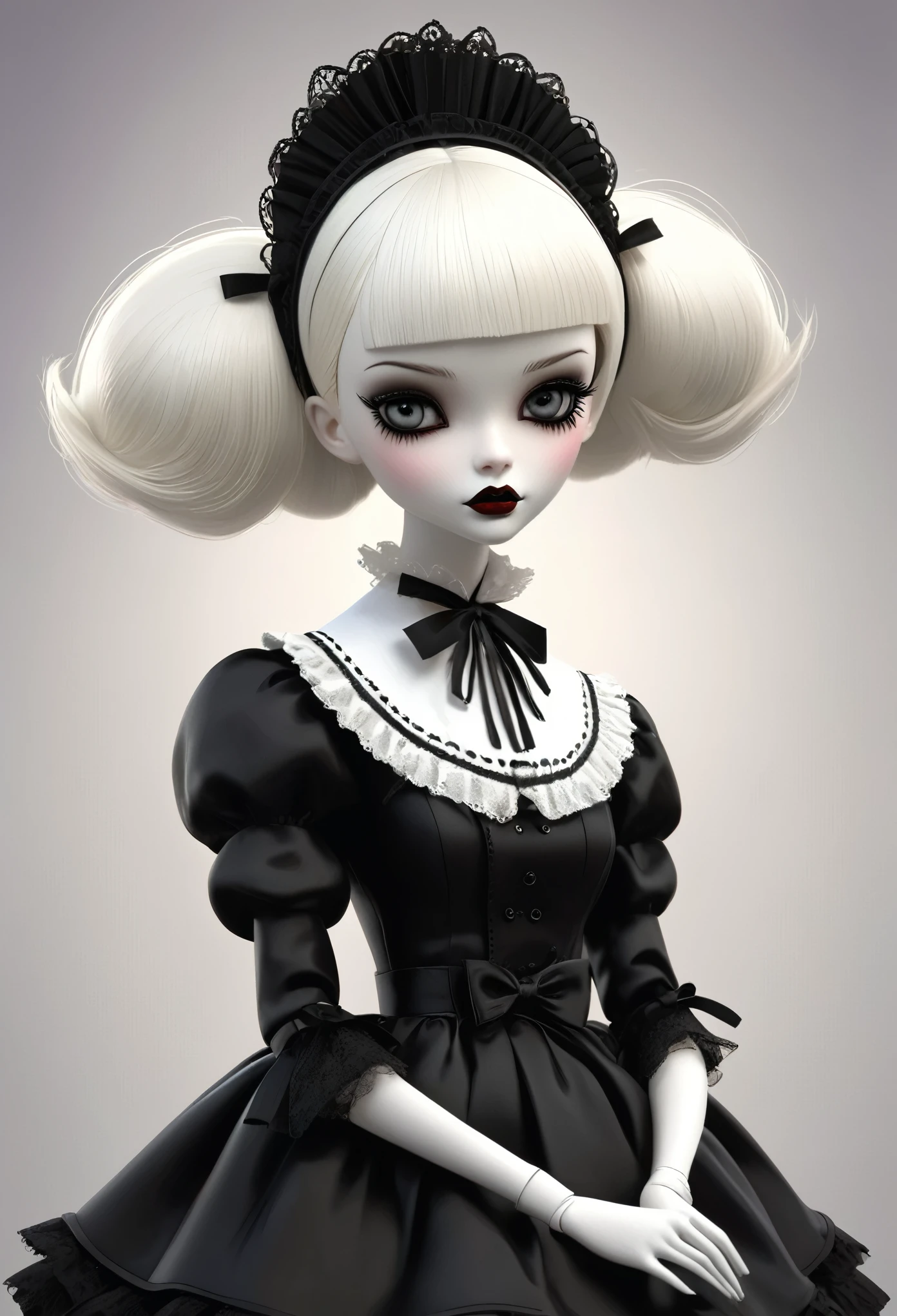 Marionette，Real Barbie，Close up of a doll wearing a black and white dress, Ray Caesar (Ray Caesar) Inspired 3D rendering, Polycount competition winner, Gothic art, Maid costume, Gothic girl anime girl, Weird art style, Maid costume, Artwork in the style of Guweiz, , Witch Costume, dark and fear style, fear!! Very detailed