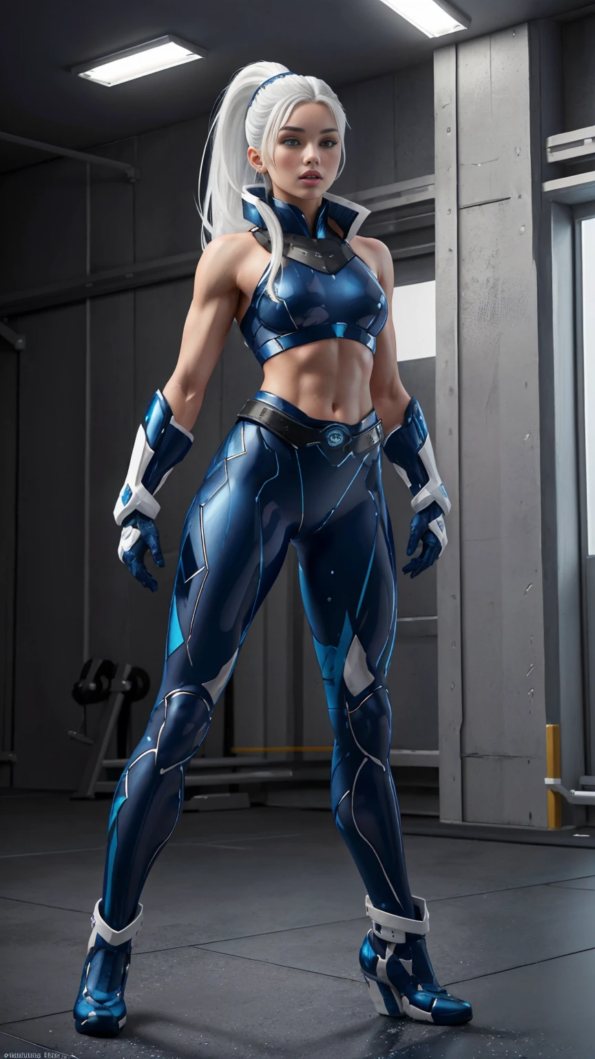 (((full body photo))), ((Full body photo,standing, feet on the ground)) ( Masterpiece, 4k resolution, ultra-realistic, very detailed) y beautiful superheroine, has ice powers, white hair ponytail, back midriff with blue outlines and a snowflake symbol on her right, has black gloves with fur on her the wrist part, wears black tight pants, with a blue belt, blue lines full body in the style of realism, glistening skin, , natural lighting, Defined full lips. fitness feminine body. portrait photography by artgerm, in the style of realism, glistening skin, , natural lighting, Defined full lips. Muscular fitness feminine body,