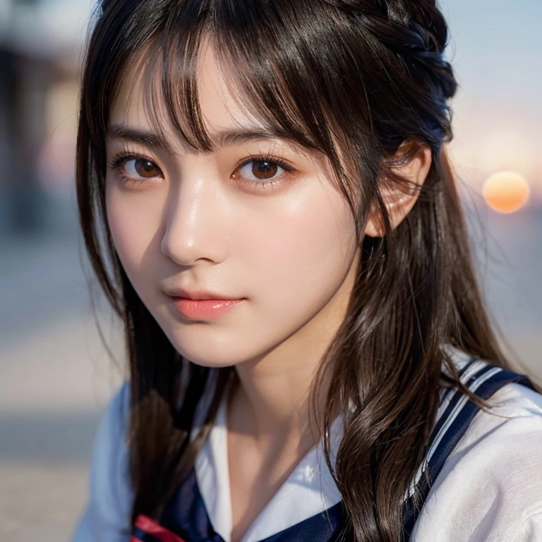 (highest quality,masterpiece:1.3,Ultra-high resolution),(Very detailed,Caustics,8k),(Realistic:1.4,RAW shooting),18-year-old,笑顔でLooking at the camera,Deep-set eyelids,Looking at the camera,Shiny skin, Slender body, Good figure,Rembrandt Lighting, (Photorealistic:1.2), (highest quality), (Detailed skin:1.3), (Intricate details),Detailed skin texture, Black Hair, Long Hair, Raytracing Sailor Uniform,(Face Focus:1.1),(Face close-up:1.1),(Low position::1.3),(Low Angle::1.3),Sunset,Natural light