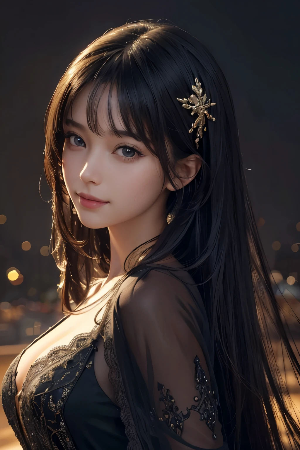 (Ultra-realistic), (figure), (Increased resolution), (8k), (Very detailed), (Best figure), (Beautiful and detailed), (highest quality), (Super detailed), (masterpiece ), ( wallpaper), (Detailed face), 1 sexy girl, View Viewer, Fine details, Detailed face, In the Dark, Deep Shadow, Modest, Alluring face, smile, Long Hair, Straight Hair, Diagonal bangs, Black shawl, sheer sheer gown,