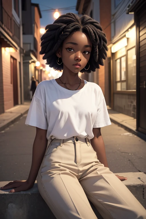 (masterpiece, best quality), deep ebony 1girl, beautiful face, short Afro braids , cute, street clothing, beautify, Lofi vibe,, cute night vibe, concentrated, sitting, hands outside of the picture, exploring a mountain, , white shirt, brown trousers, looking confident not sexy, cute look, clothing is dry and baggy, small breasts, princess vibe