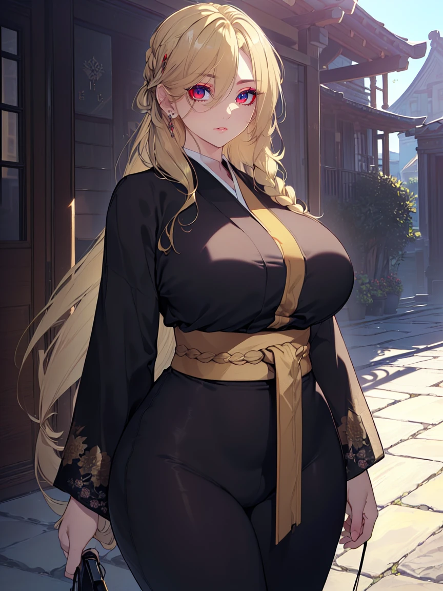 (Uhd, Masterpiece, Textured Skin, Super Detail, High Details, High Quality, Best Quality), Detailed Face, 1woman, mature pretty woman, ((wide hips, thick thighs, huge breasts)), ((Long blonde hair tied:1.5, Hair over the eye:1.5)), ((Black kimono), (Pants), (Huge body), (Cultivator), Courtyard with a stone floor